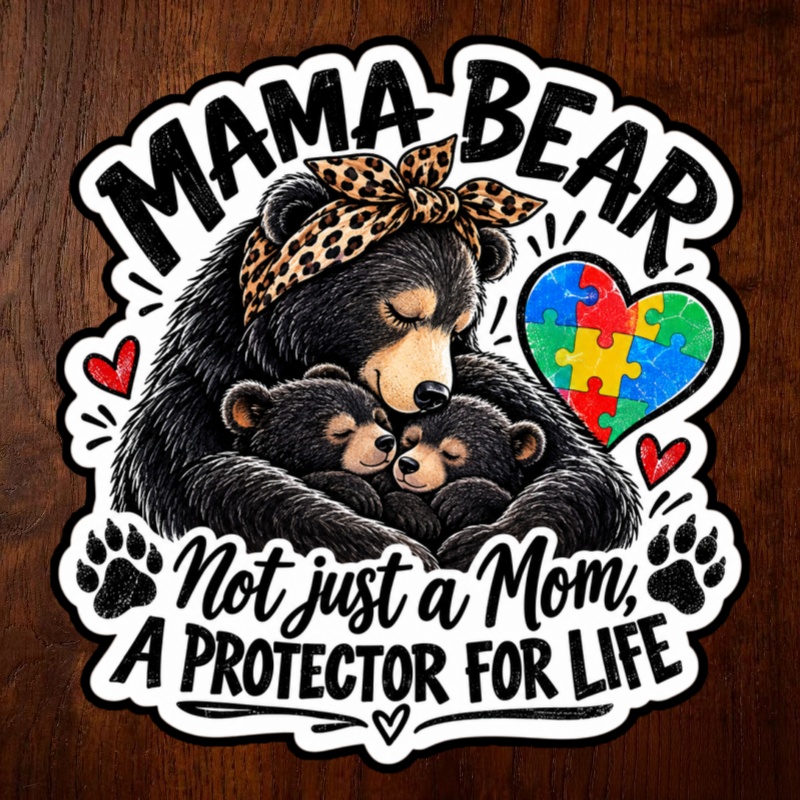 TEMU 1pc 3-inch "mama Bear - A Mom, A Protector For Life" Vinyl Sticker, Featuring A Mama Bear With Cubs, Leopard Bow, Art, Suitable For Mugs,