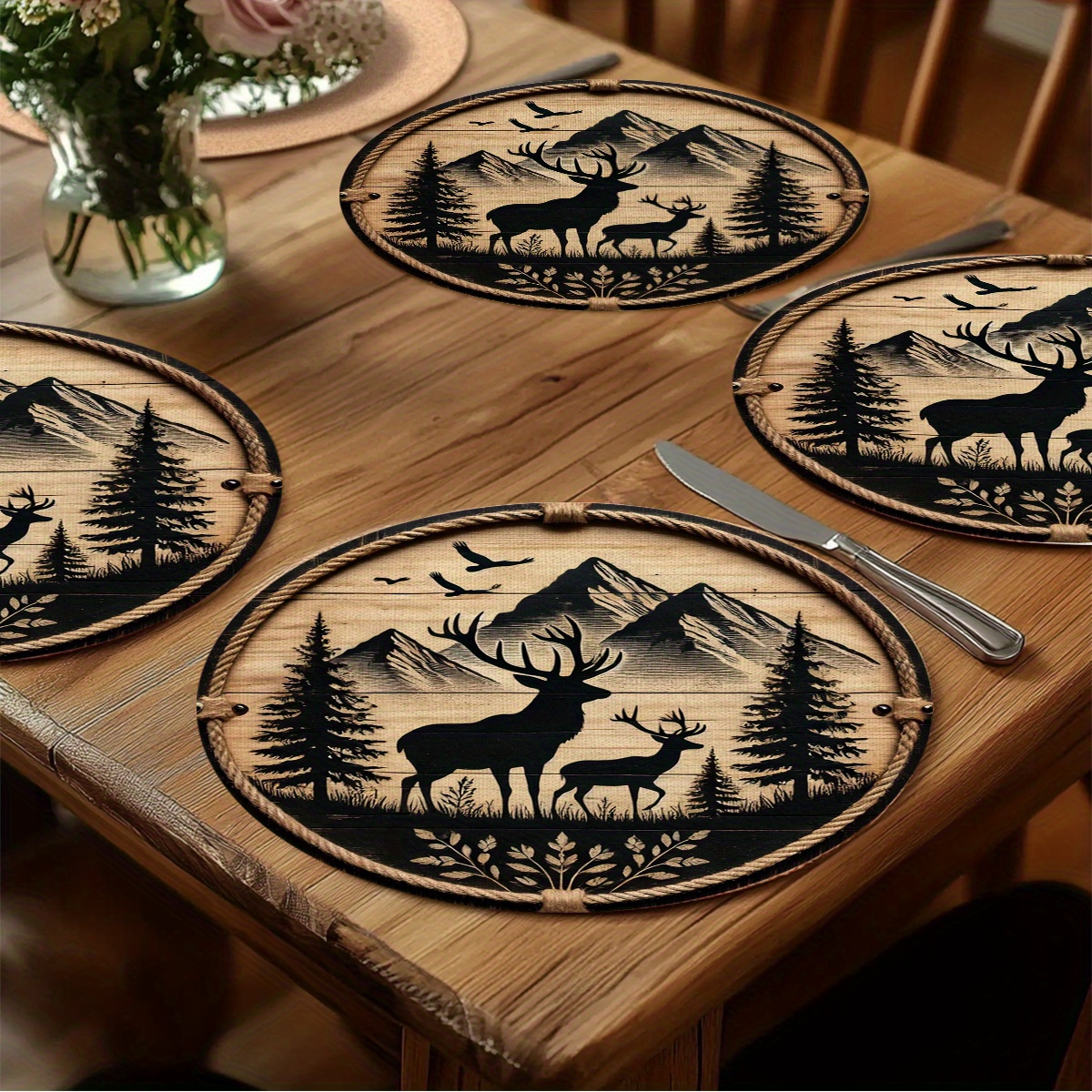 Image of 4pcs Wildlife Deer Theme Metal Placemats, Hunting Style Suitable For Restaurant, Kitchen Decoration, Home, Cafe, Wedding, Party Decoration
