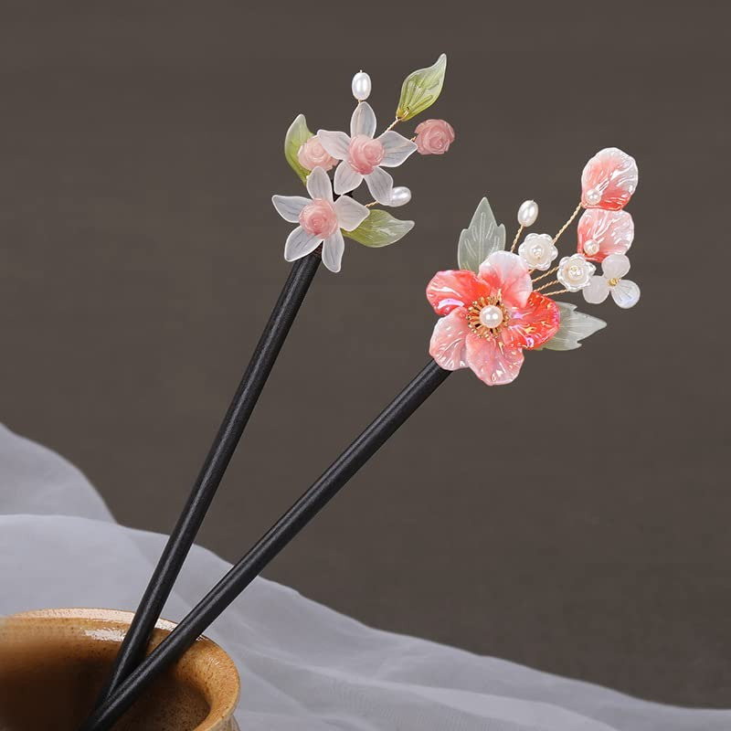 2pcs handmade chinese style hair sticks with floral tassels 8 26 retro elegant hairpins for womens long hair wedding everyday hair accessories non slip durable wood plastic pink white flower decor with green leaves gift box included Product details 0