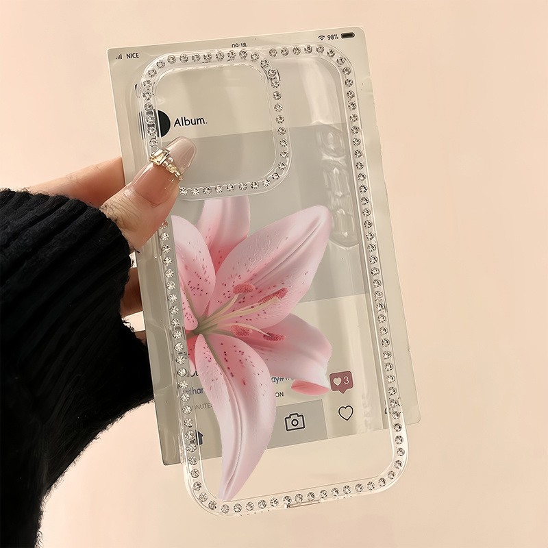 Image of Phone Case: 1 Flower Trendy Pattern Silvery Rhinestone Transparent Phone Case, Suitable For Iphone 17 16 15 14 13 12 11 Pro Max Air