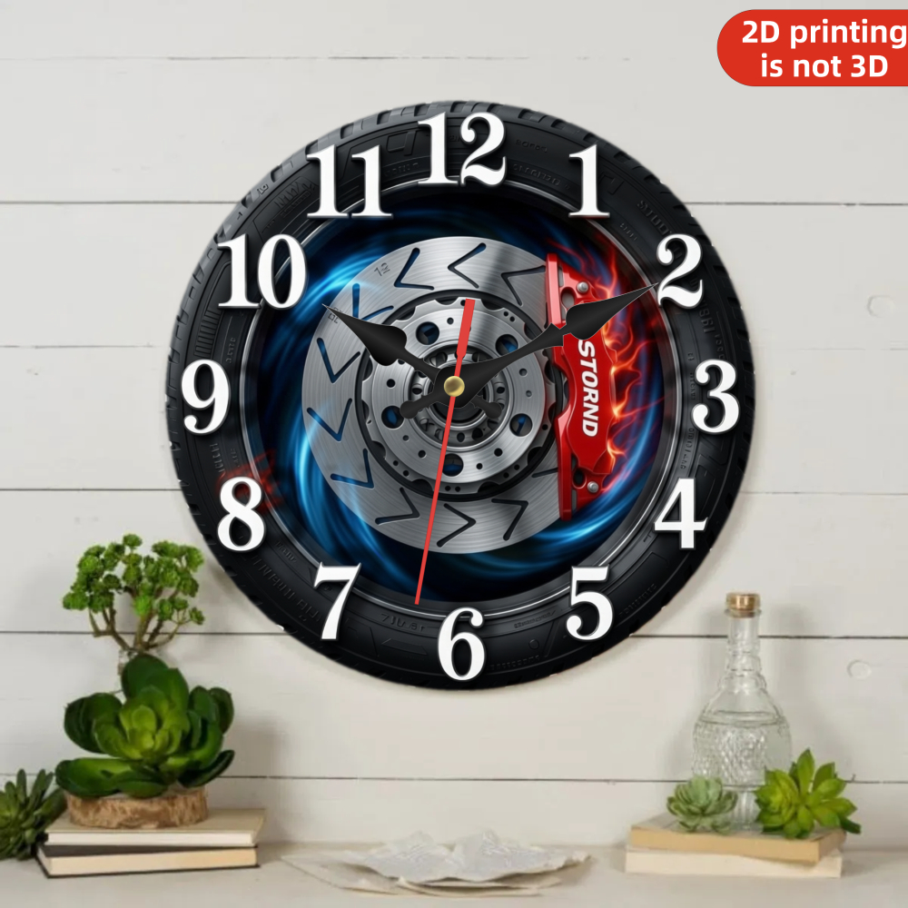 racing theme wall clock brake disc flame pattern 2d flat wooden round circular silent clock aa battery not included halloween christmas thanksgiving day ghost   enthusiasts and home decor lovers holiday