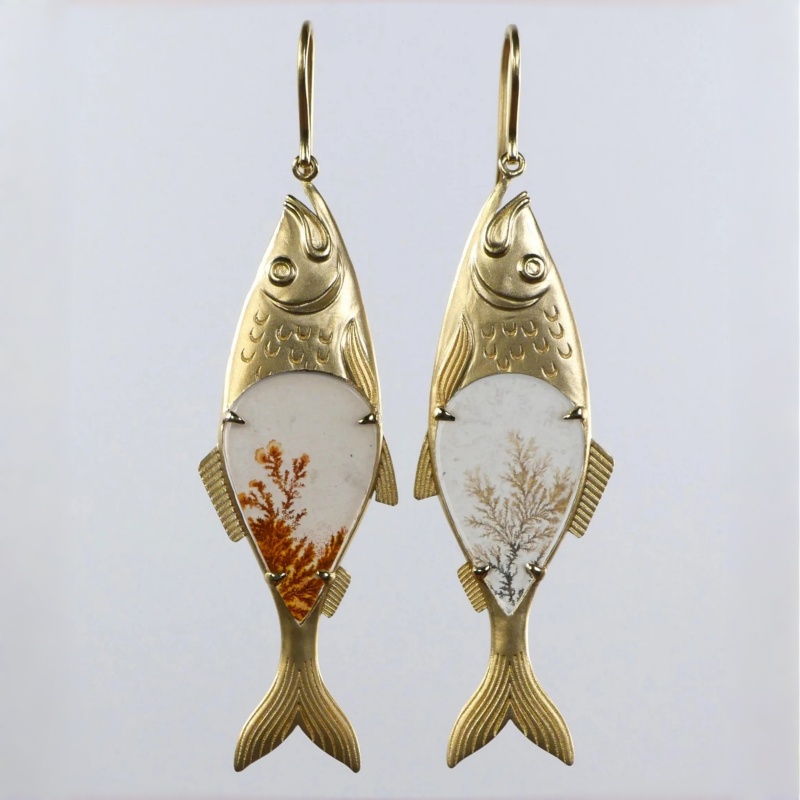 Women's Flower and Leaf Pattern Printed Fish Shaped Pendant Earrings
