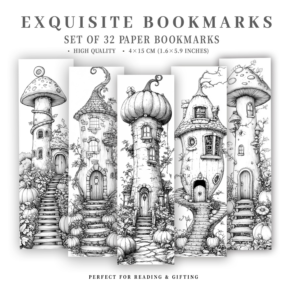 TEMU 32pcs Tlenpo Fairy Tale Mushroom & Pumpkin Cottage Bookmark Coloring Pages Suitable For Christmas, Halloween, Back-to-school - Mushroom Roof