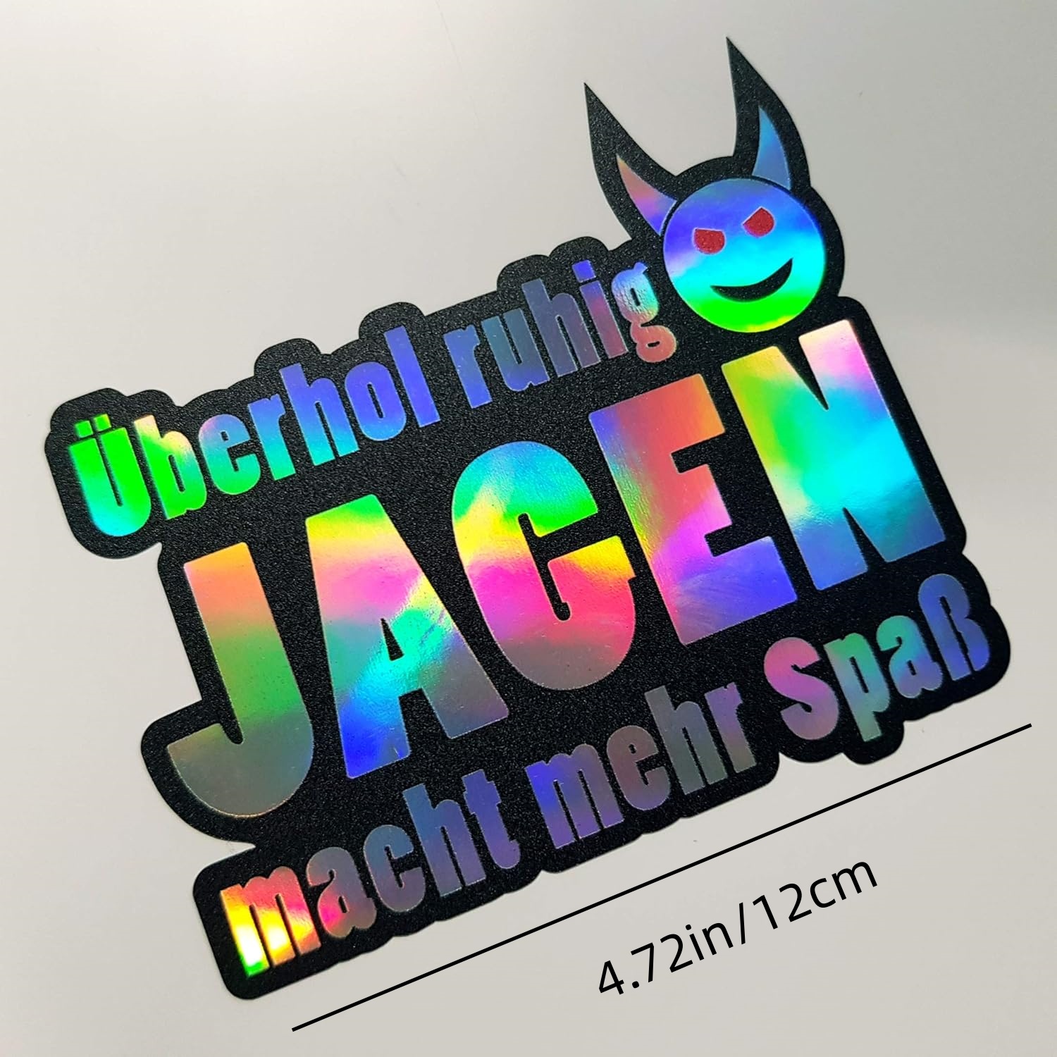 Image of 1pc Fashionable Holographic Rainbow Devil Face Sticker With German "überhol Jagen" Text, Waterproof Self-adhesive Car Decal