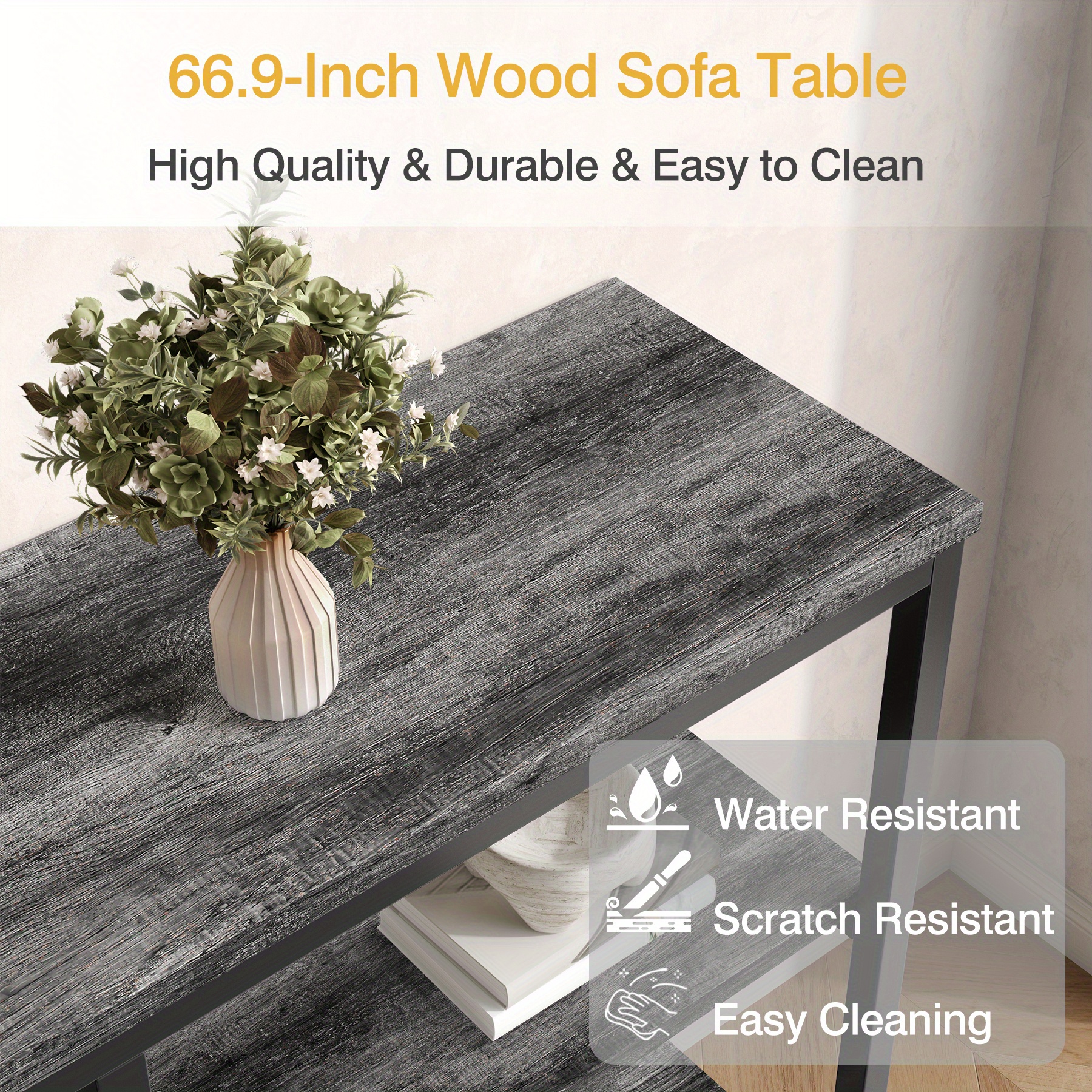 Industrial Farmhouse Console Table - Extra Long 66.9 Inch Narrow Sofa Table with 3-Tier Reclaimed Wood Shelves & Sturdy Metal Frame, Space-Saving Storage Cabinet for Entryway, Hallway, Living Room - Easy Assembly, 50lb/Shelf Capacity, Entryway Organizer | Industrial Chic | Elevated Metal Legs