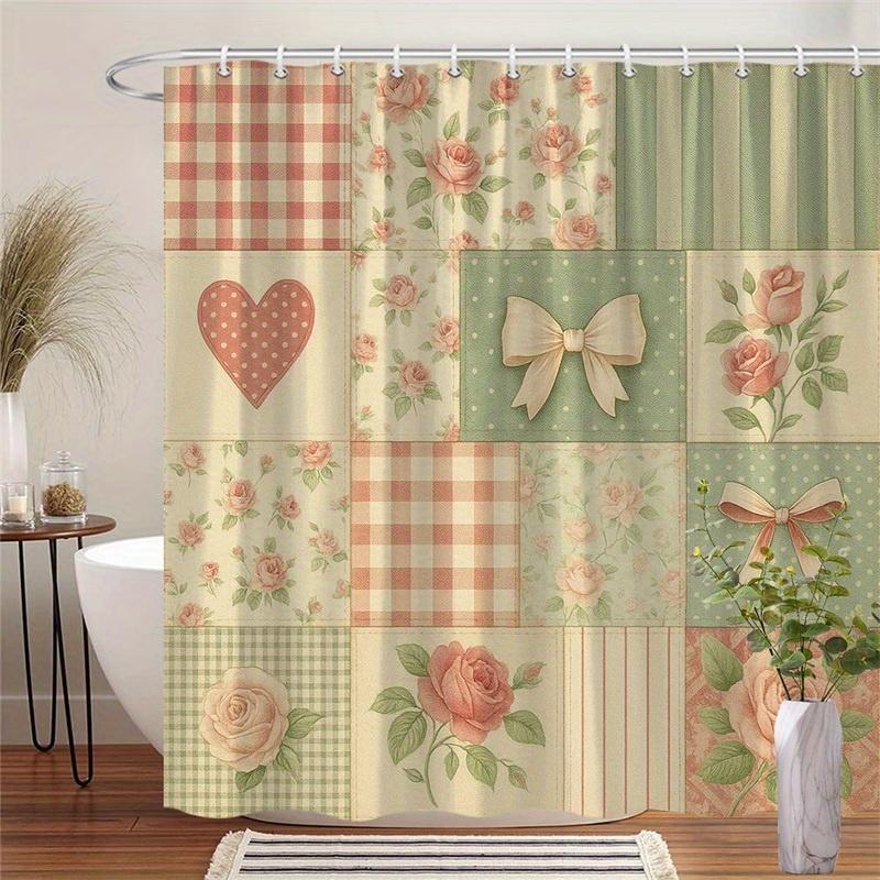 1pc Vintage Shower Curtain Featuring A Floral Design With Roses, Hearts, And Polka Dots. This Shabby Chic Bathroom Window Curtain Comes In Pastel , Green, And Beige