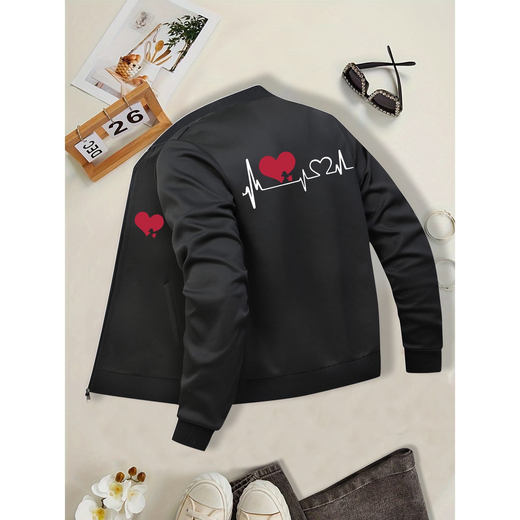 

Ecg Print, Heart Pattern, Women's Casual Jacket With A Stand Collar, Zipper, And Long Sleeves For Spring, Autumn, And Winter.