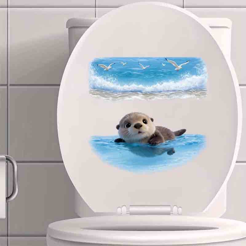 item picture 1pc of cute otter and ocean wave toilet decal featuring otter ocean wave and other elements waterproof bathroom sticker with a vibrant cartoon design for lid and tank decoration a fun bathroom accent suitable for bathroom living room