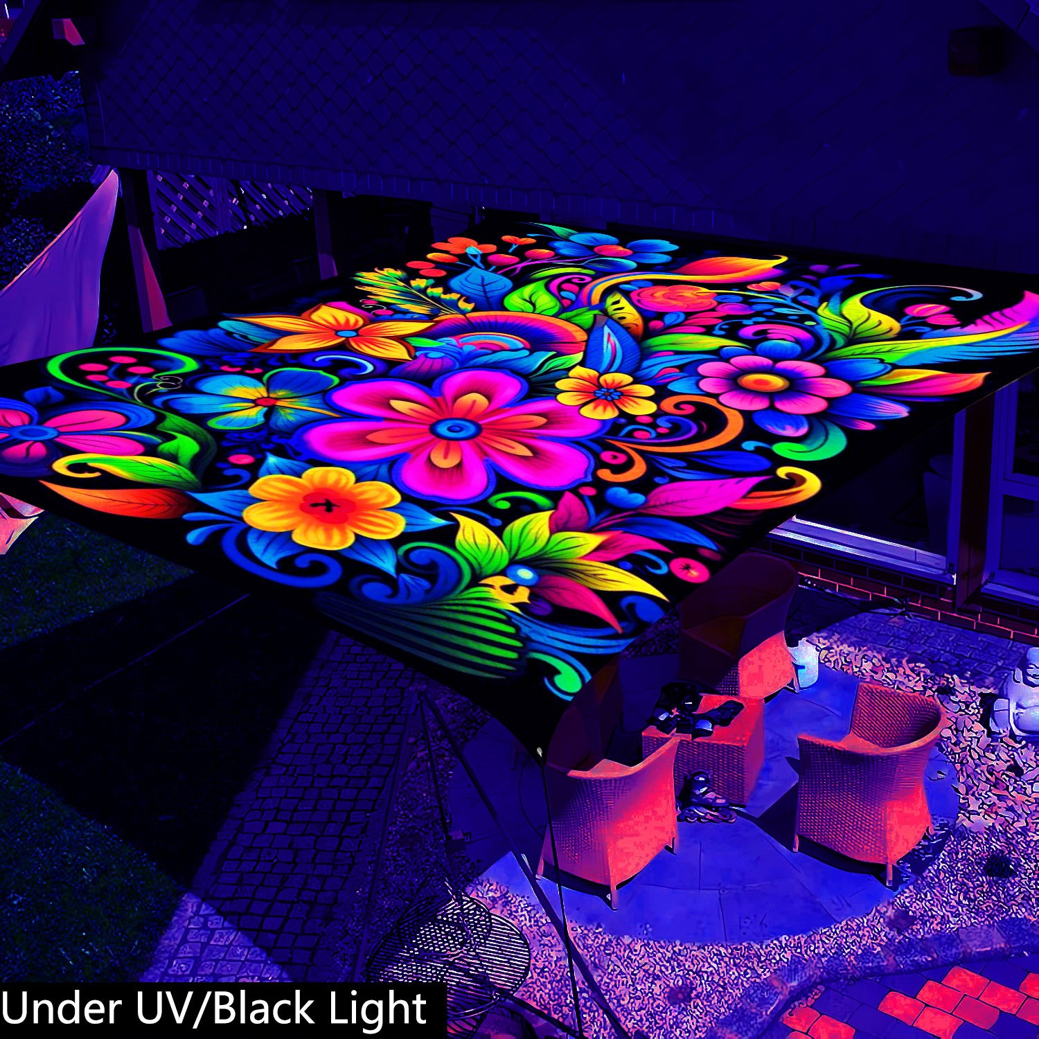TEMU [bohemian Outdoor Sunshelter] 1pc Glow In The Uv Light- Flower Sunshade Canopy-vibrant Floral And , Glow In The Uv Light, Lightweight Polyester
