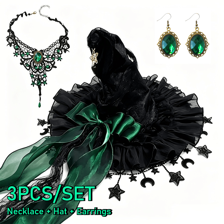 TEMU 3pcs/set Gothic Witch Costume Kit: Star Wizard Hat, 1 Pendant Necklace And 1 Pair Earrings, Long Satin Lace Ribbon Bow Decor Headwear, Women