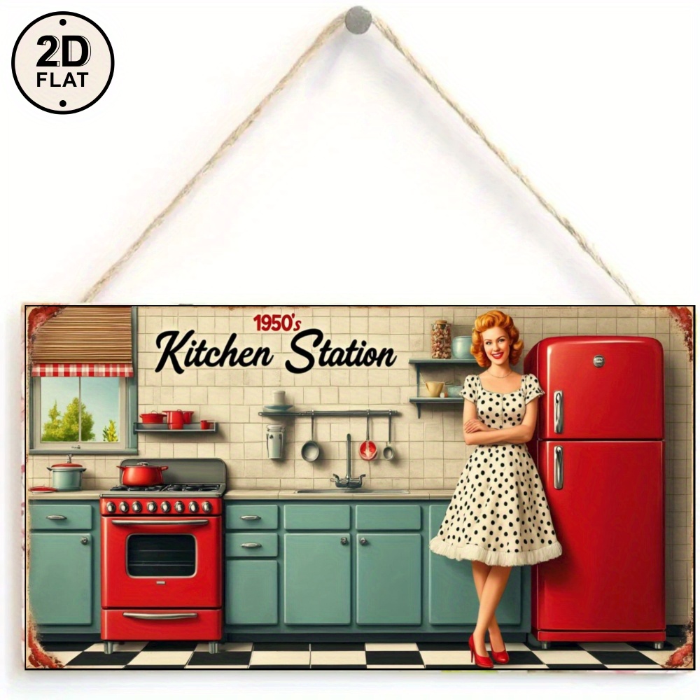 TEMU Stampa da cucina in legno 2D piatta - Retro anni '50, donna in stile piatto vintage, perfetta per decorazioni murali in legno per la casa