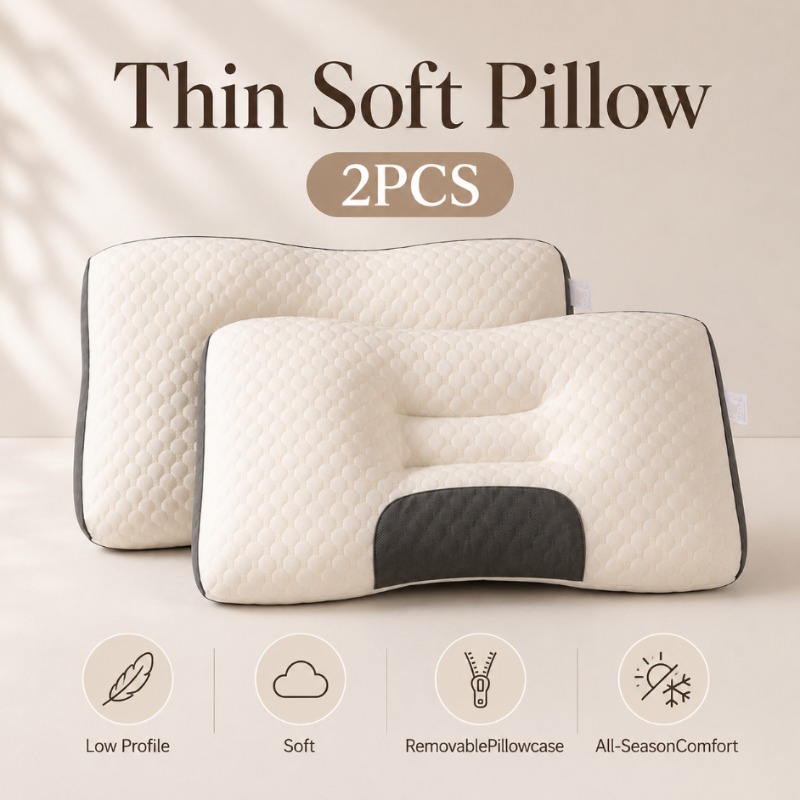 2pcs Breathable Ultra- Bed Pillows In Vacuum-sealed Compressed Packaging, Featuring Thin To Medium With Removable And Washable Pillowcases. Ideal For Daily Bedroom Use.
