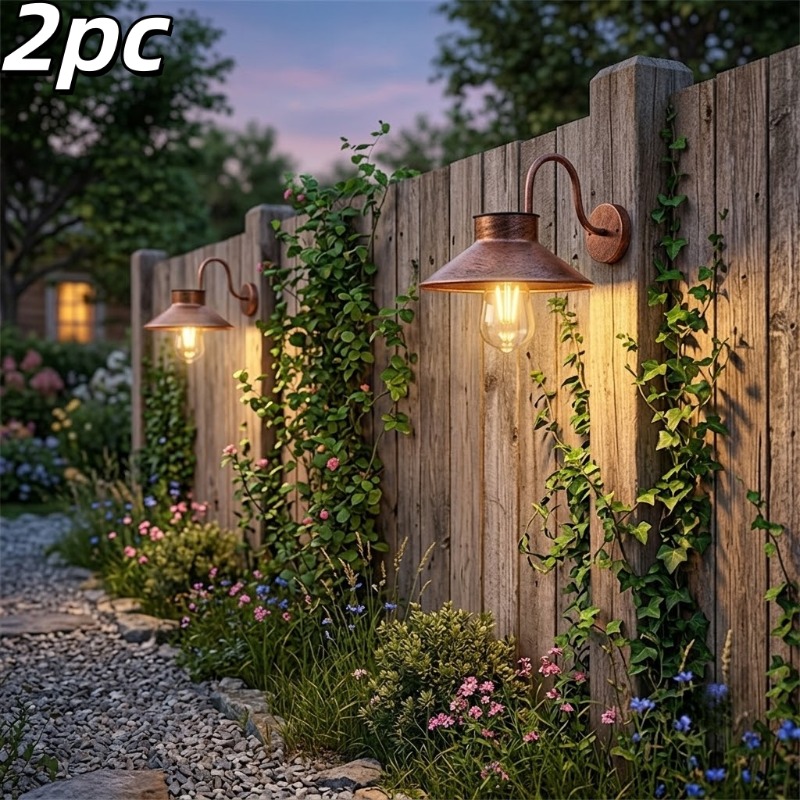 TEMU 2 Pack Vintage Rust Copper Solar Wall Sconces, Retro Curved Arm Barn Lights, Warm Bulb Outdoor Fence Lamps, Auto Dusk-dawn Solar Wall Mount