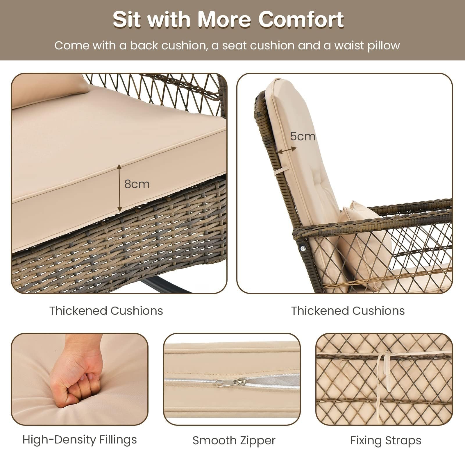 2026 New Courtyard Dining Tables and Chairs, 2pcs Outdoor Wicker Rocking Chair Set, Rattan Rocking Chair with Thick Cushions & High Back, All-Weather Wicker Rocking Bistro Set for Porch, Patio, Balcony