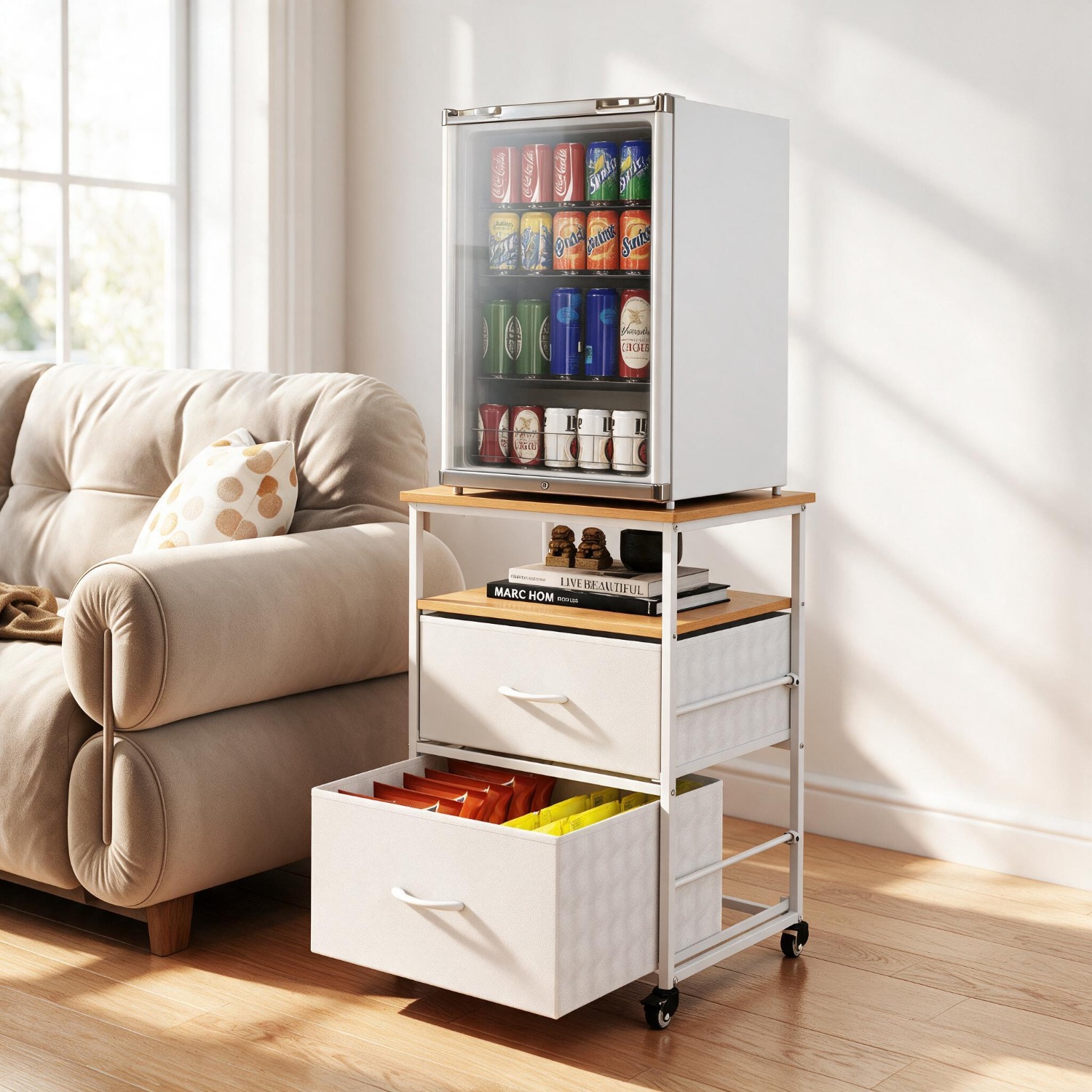 Image of Rolling Mini Fridge Stand With Storage Drawers, Vertical Mobile Storage Shelf, Space-saving Organizer For Bedroom, Office, Kitchen.