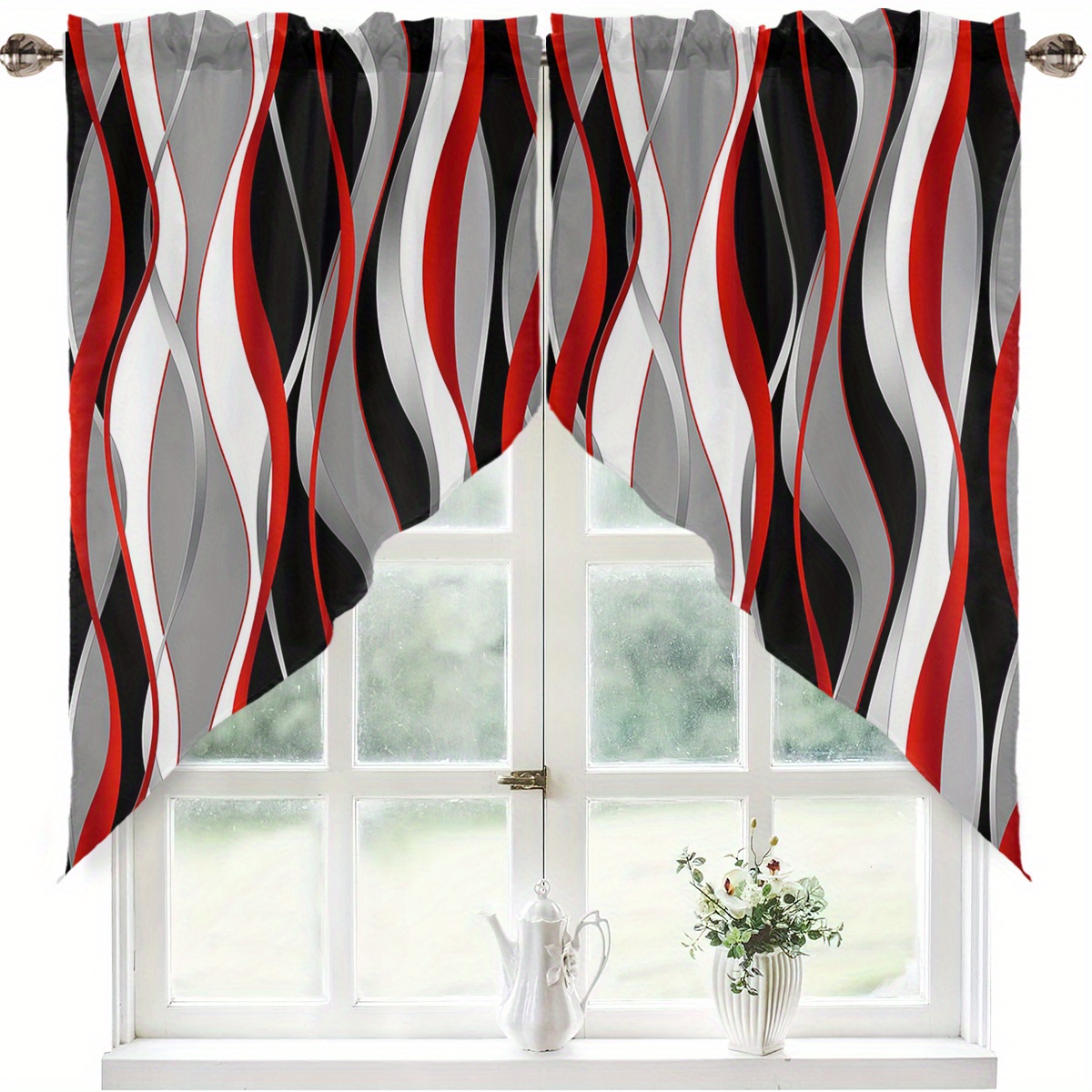 TEMU Deux Pièces de Petits Rideaux Triangulaires de Style Moderne avec de Ondulées Rouges, Blanches, Noires et Grises, Parfaits pour la Décoration de