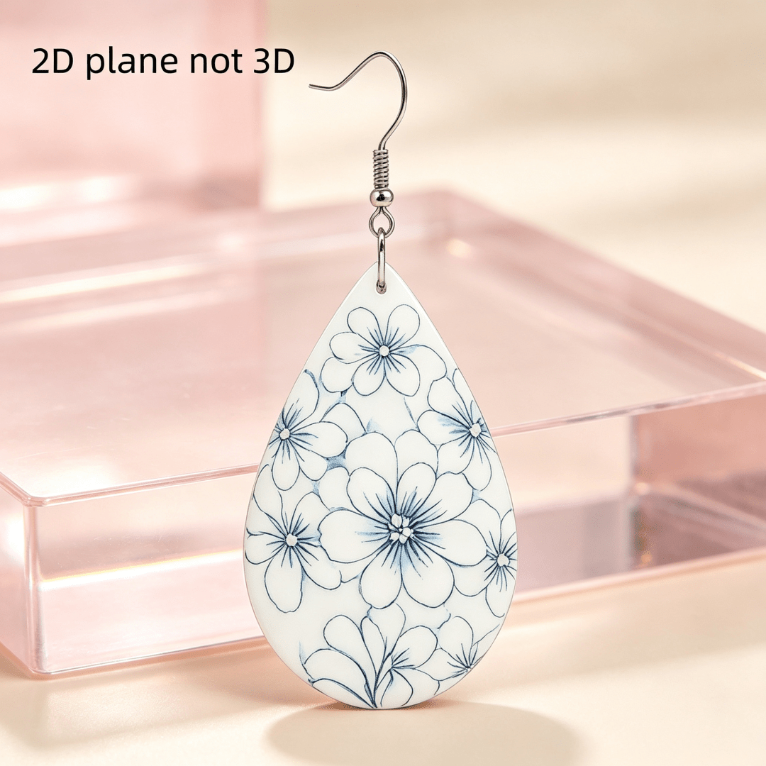 Blue White Floral Teardrop Dangle Earrings, Vintage Style