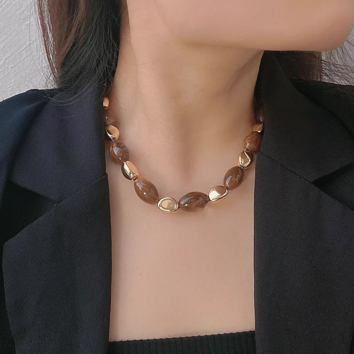 E-shop 1 Stück Ovale Damen Choker Halskette aus Harz, geometrisch, Retro Perlen, Pullover Kette, Mairard Farbe, Alltagsgeschenk, Urlaubsgeschenk