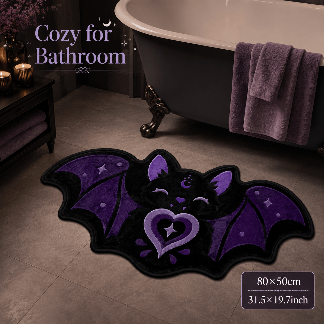 TEMU 1pc 850g/m2 Velvet Doormat Purple Black Star Heart Bat Plush Floor Mat Dark Gothic Style Cartoon Non-slip Absorbent Foot Pad, Suitable For