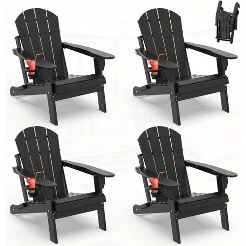folding set of 4 hdpe plastic outdoor fire pit chair with cup holder black poly weather resistant for patio deck poolside garden beach