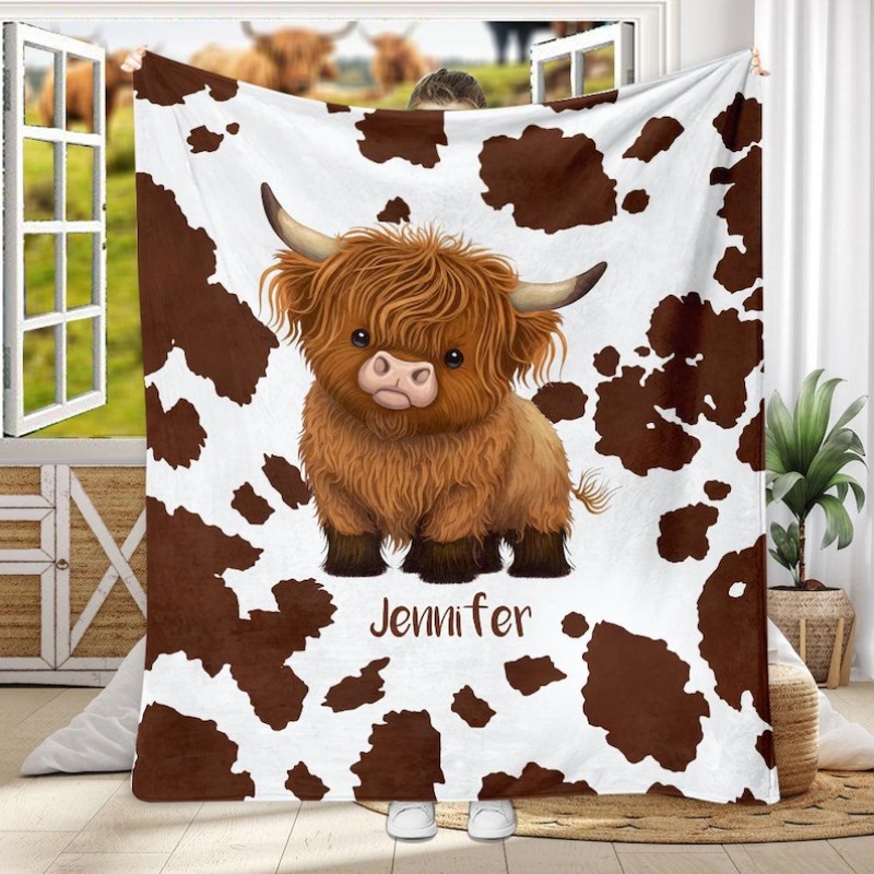 TEMU Customized 1pc Personalized Highland Cow Blanket, Cute Leopard Cow, Highland Cow Lover Iced Coffee Blanket, Custom Name Farm Animal Blanket Gift