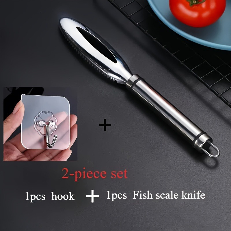 Image of A Set Of 2 Stainless Steel Tools For Seafood Preparation - Includes 1 Fish Scaler And 1 Hook, Designed For For Home Cooks And Professionals, Sturdy And Easy To