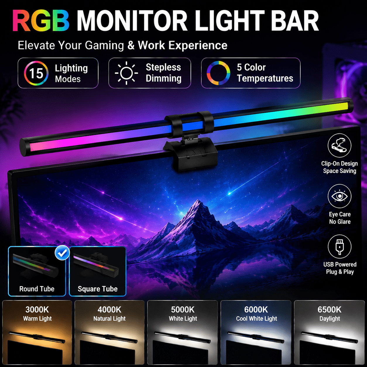 TEMU Rgb Monitor Light Bar, 15 Lighting Modes Gaming Desk Lamp, Clip-on Computer With Stepless Dimming, Temperatures Adjustable, Usb Powered Led
