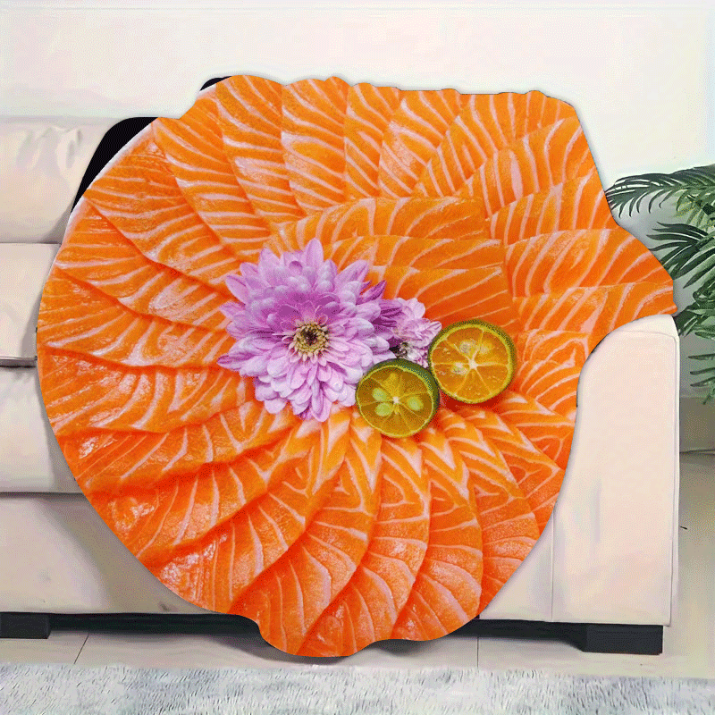 TEMU Salmon Sashimi Pattern Flannel Blanket - Realistic , Soft Polyester Bedspread For All , Bohemian Style, Home Decor And In, Salmon