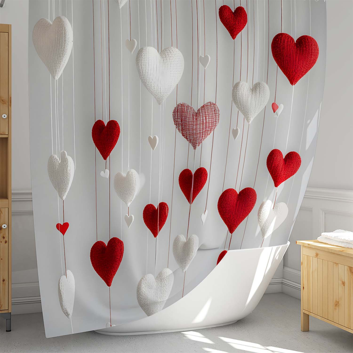 TEMU &;s Day Heart Print Curtains - Polyester, 12 Hooks, Machine Washable, Bathroom Or Bedroom Decor, Romantic Room Accent | Heart Print Curtains | Polyester, Bathroom Decor