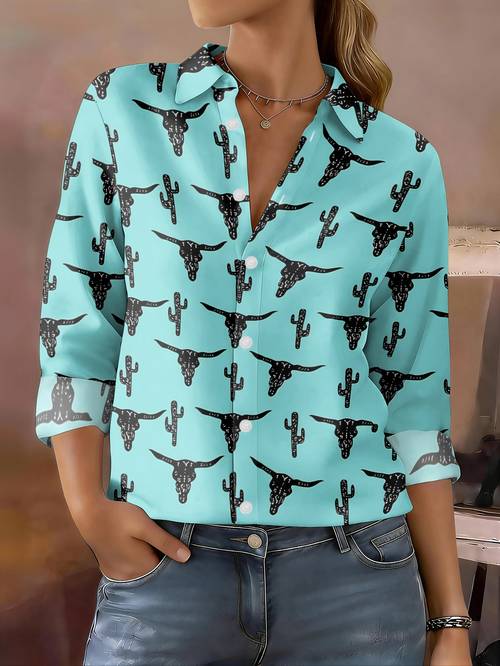 womens long sleeve shirt individual western style cactus print fashion casual versatile top comfortable breathable retro trendy blouse