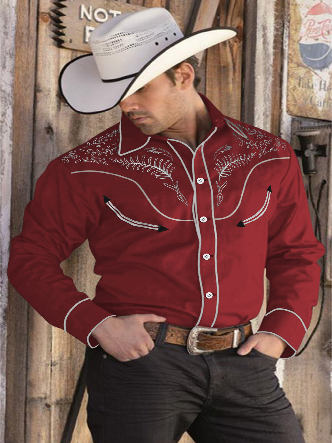 Camisas Vaqueras Para Hombre Bordadas Camisa Vaquera Bordada Manga Larga  Blanco Para Hombre 'El Señor De, image size:800x1067