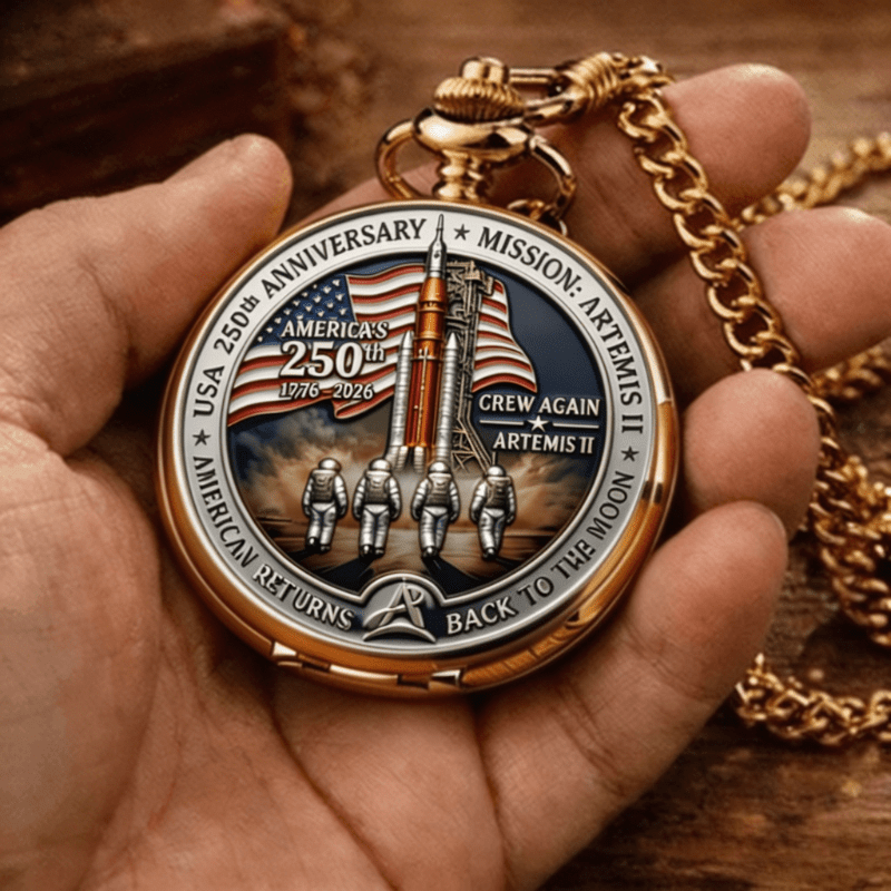 2026   ii   lunar   pocket   exploration souvenir collectible   detailed astronaut pattern vintage golden pocket watch with chain space themed gift for astronomy fans 1972 2026 commemorative retro watch for men Product details 1