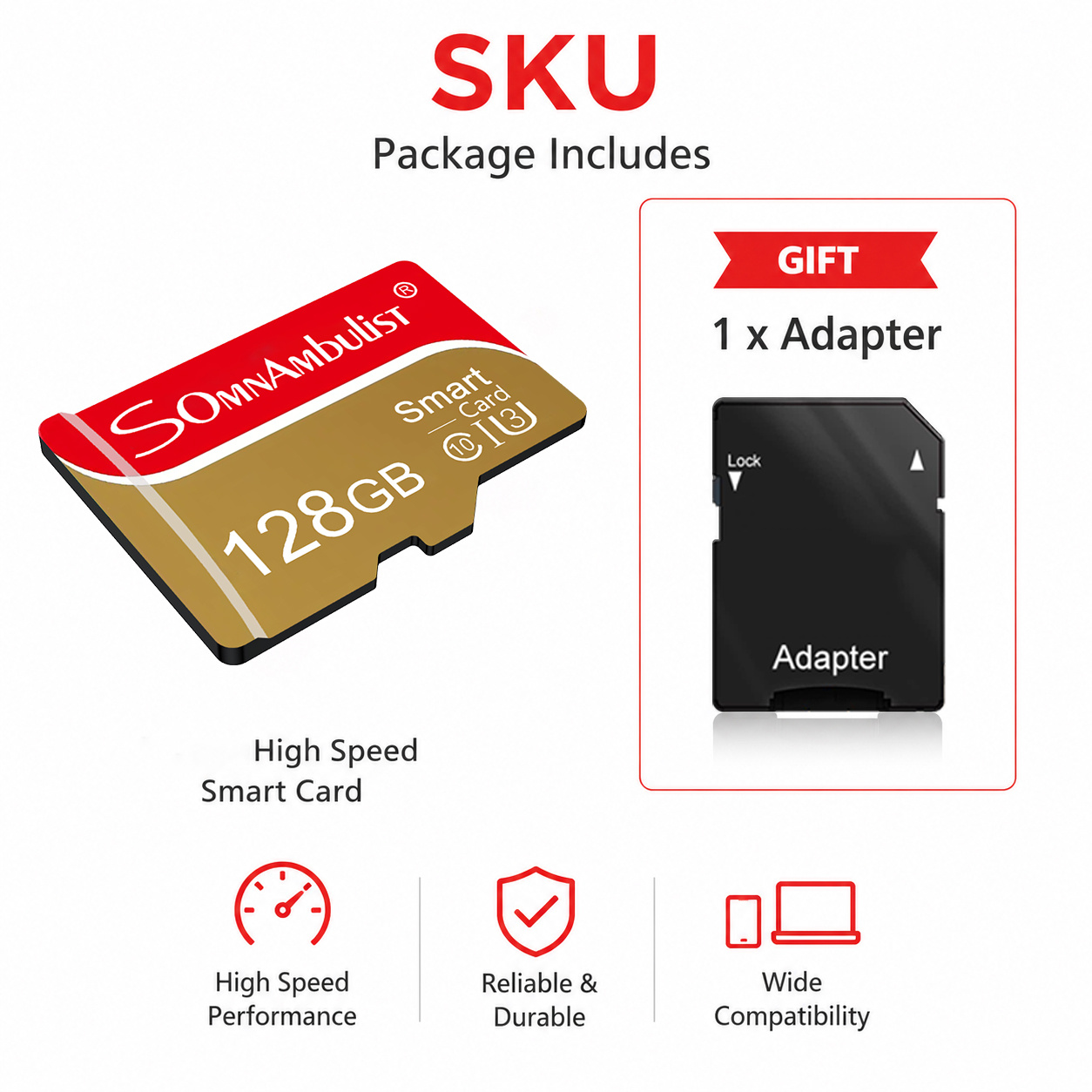 TEMU 1pc Somnambulist Premium Tf Memory Card 128gb/64gb/32gb/16gb/8gb/4gb/2gb/1gb With Adapter, A1 Rated Class Performance For Android Devices,
