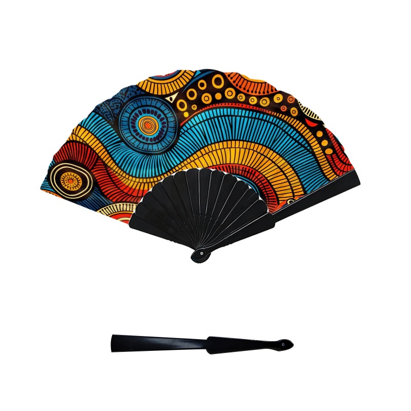 TEMU Vibrant Abstract Tribal Geometric Print Hand Fan, Plastic Fan Ribs 1pc, Psychedelic Colorful Pattern Handheld Accessory, Ideal For Daily Cooling