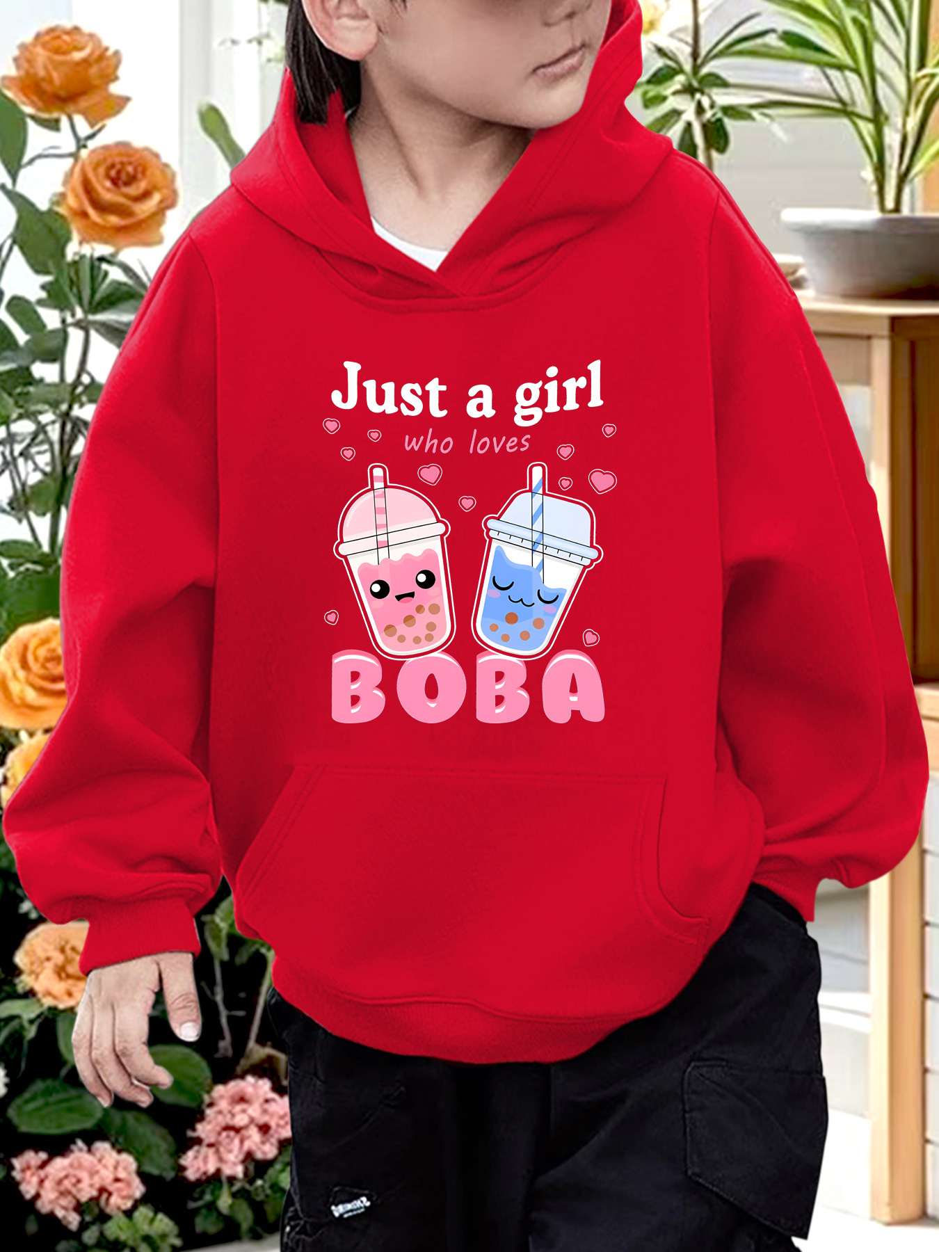 [Girls Hoodie] Cozy Cute '* Who Boba' Red Hoodie for Girls Thick,  Warm Fall/Winter Sweatshirt with Pocket, Cartoon Bubble Tea Print, Machine 