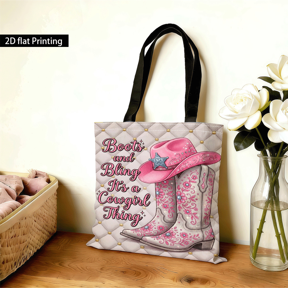TEMU Sac de cowgirl pour femme avec bottes roses et chapeau à fleurs - Thème western réutilisable, convient pour la plage, , les courses, cadeau