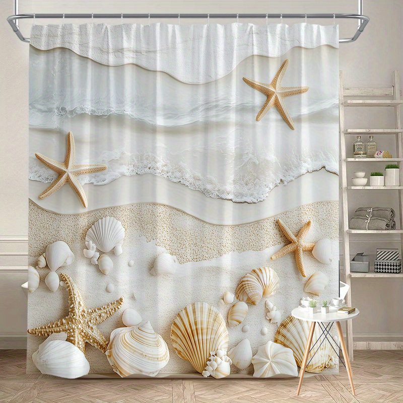 TEMU 2d Shower/bath Curtain 1pc Beach Curtain - , Sand & Shell Design In Neutral Tones, Polyester Fabric, 70x70 Inches With Hook, For Relaxing
