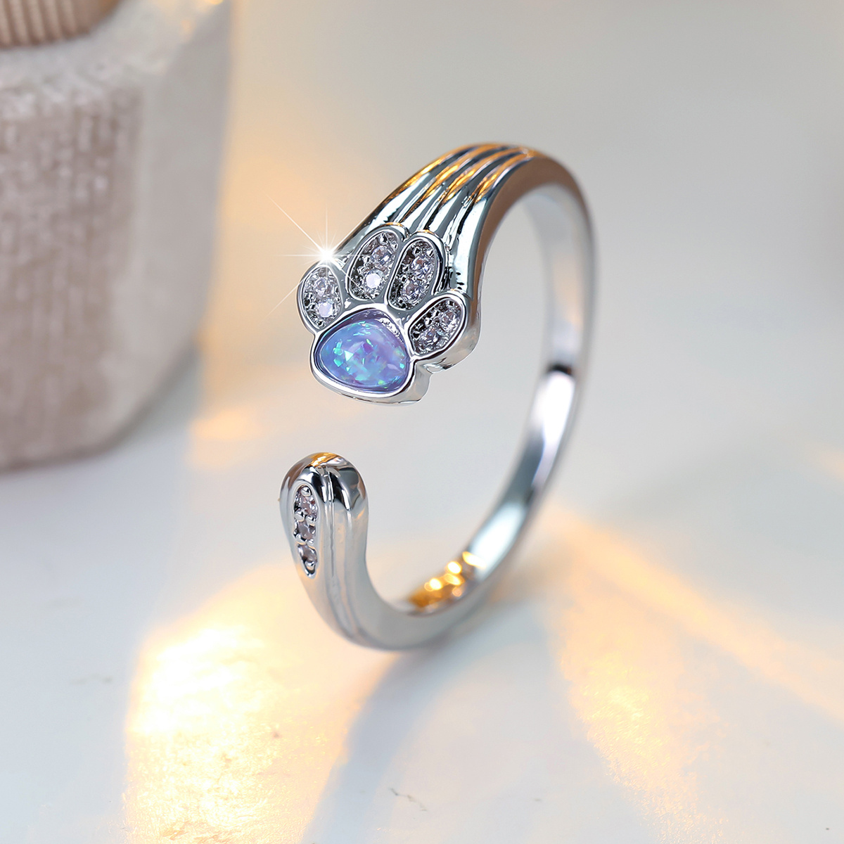 Unisex Cute Paw-Shaped Open Ring with Iridescent Opal