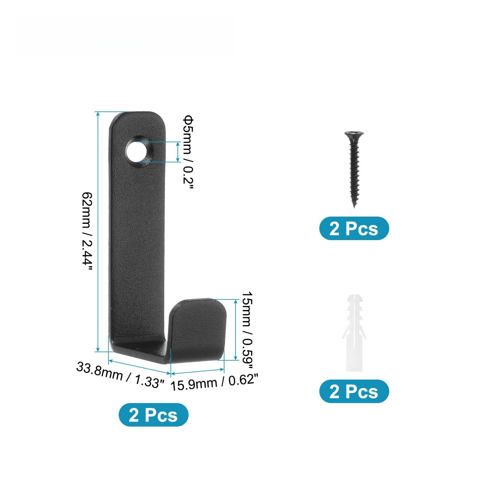 E-shop 6er-Pack Schwarze L-Form Einloch-Haken, Robuste Metall-Kleiderhaken mit (Schrauben & Wandstecker) für Wand, Tür, Schrank - Ideal für Badezimmer,