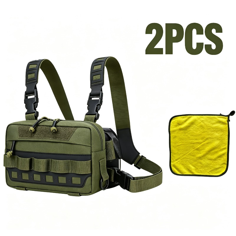 Image of Fishing Chest Pack, 2pcs Set Tactical Fishing Chest Bag Dry Cleaning Towel, Adjustable Strap Carry Tackle Storage Bag, Outdoor Hunting Hiking Crossbody Waist Chest Bag