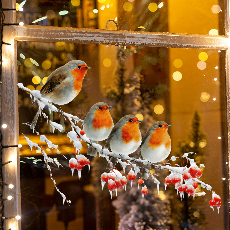 TEMU 1pc Christmas Winter Branch Bird Window Sticker, Featuring 4 Adorable Birds Perched On A Branch, With Red Berries And . Suitable For Use In