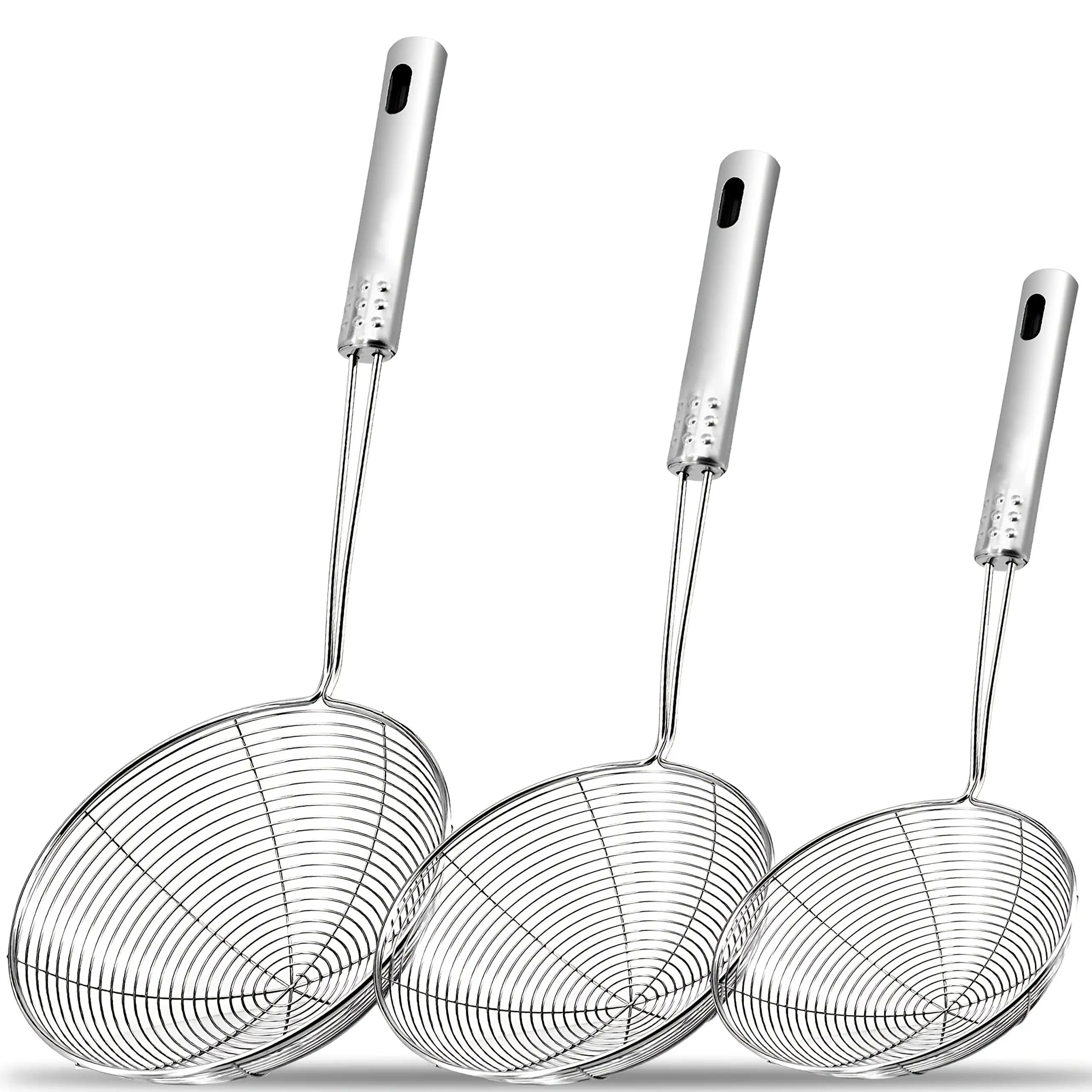 Image of 3pcs Stainless Steel Strainer | Heavy-duty Long Handle And Fine Mesh - Italian Pasta Drainer, Frying Pan Filter For Soup, Vegetable, Egg Cooking - Commercial And Home Kitchen Tool (durable Easy-), 560