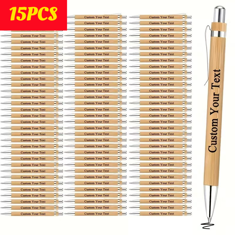 TEMU 15pcs Custom Bamboo Retractable Ballpoint Pens - Suitable For Office, School, Journaling, And Art Projects, Medium Tip, Essential For Writing,