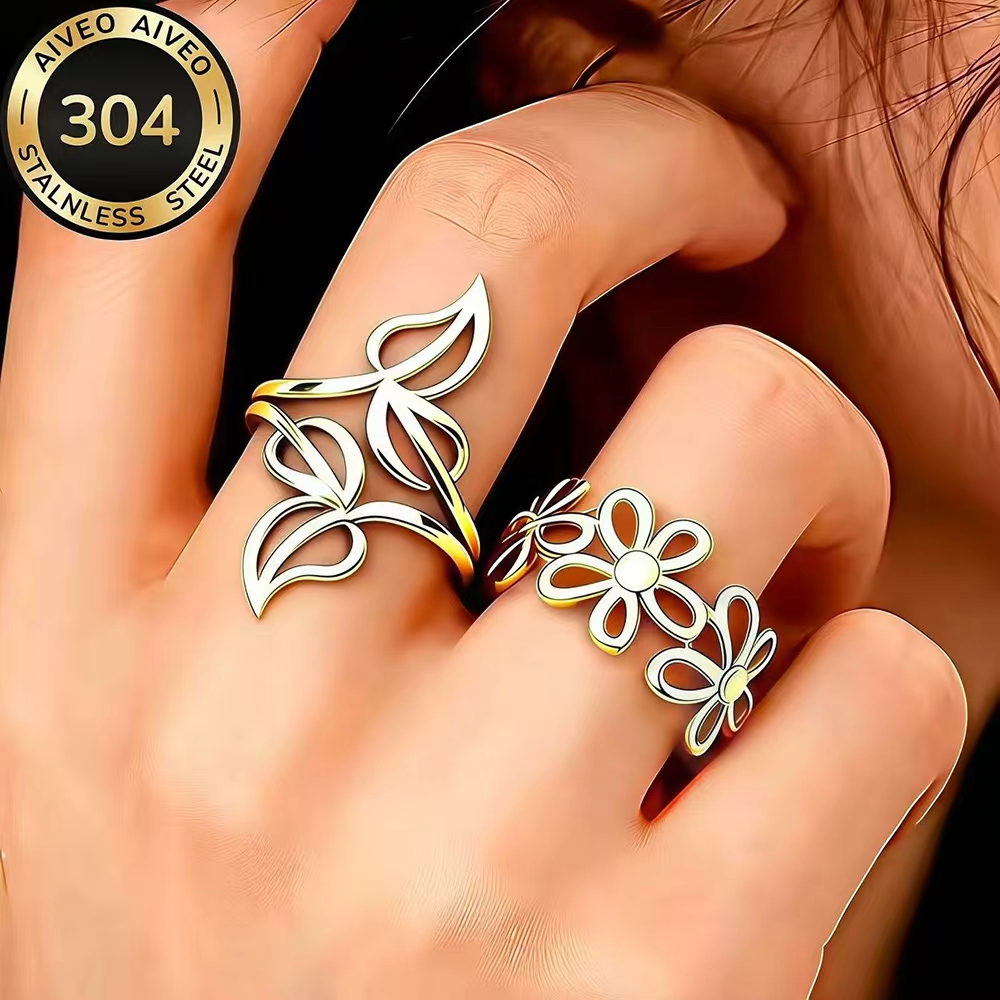2pcs Golden Stackable Open Ring Set, Stainless Steel