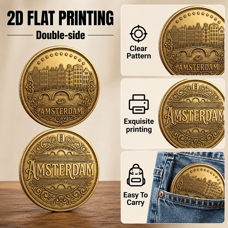 TEMU Replica Coin 1pc, 2d Printing, Amsterdam Canal Commemorative Coin, Exquisite Coin, Front Canal Buildings, Back Bridge Pattern, Travel Souvenir,