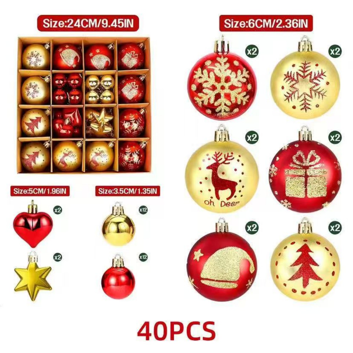TEMU Set de 40 bolas navideñas para decoración, adornos rojos y dorados para árboles que rompen, bolas navideñas de varios tamaños, ideales para