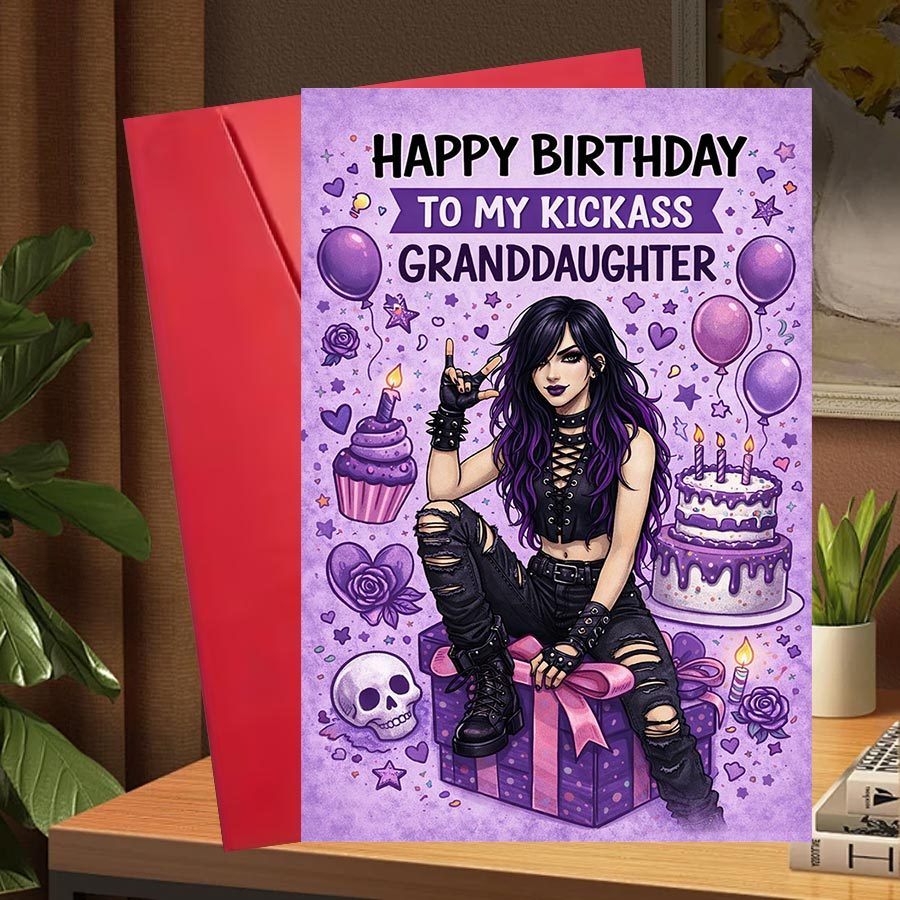 TEMU 1pc Punk Birthday Card Suitable For Cool Granddaughter With Envelope - Punk Girl With Cakes, Balloons & Gifts For 1 Birthday, Themed, Paper