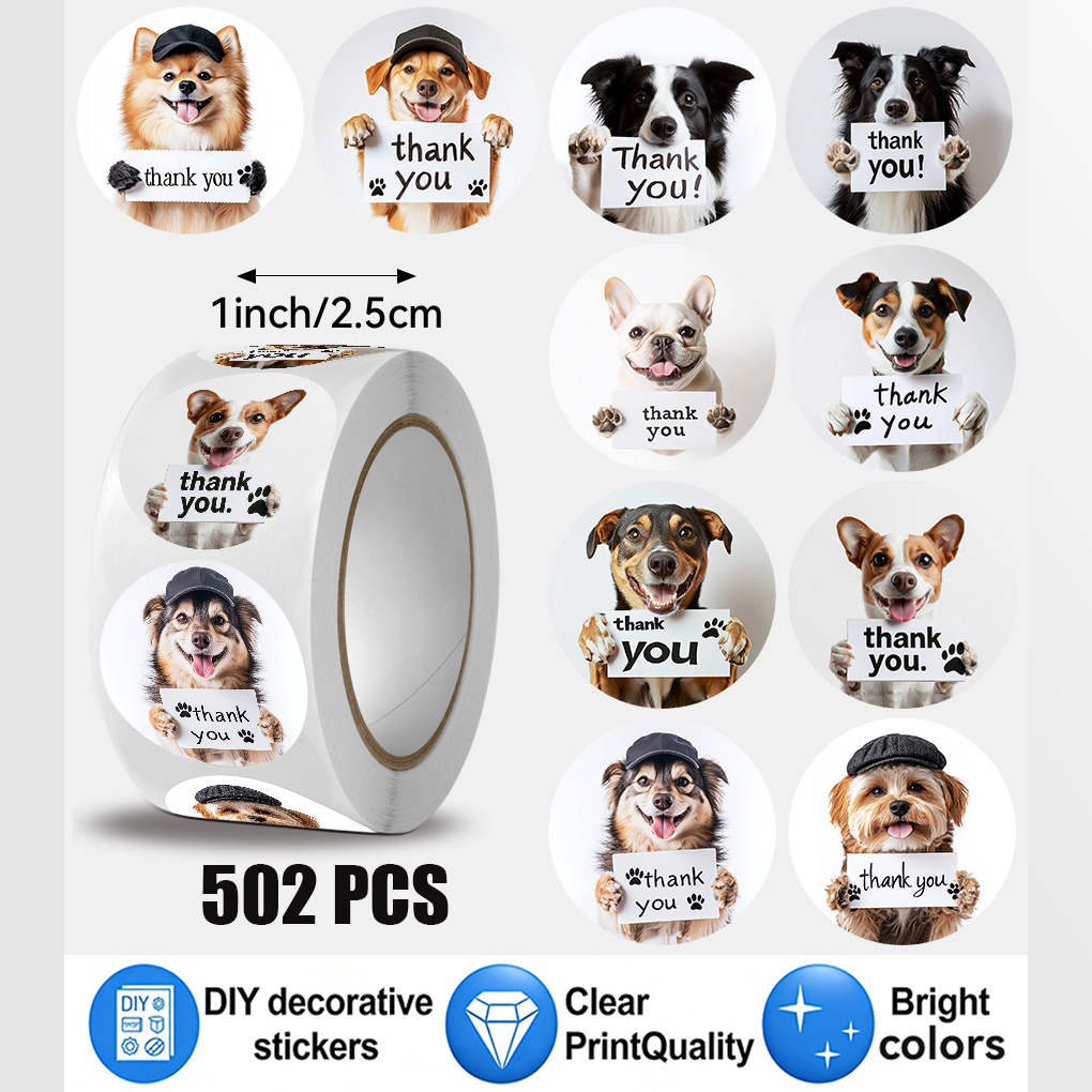 TEMU Adesivi con motivo "Grazie" a forma di cane, 502 pezzi/rotolo, 10 stili , etichette per confezioni regalo di Natale, adesivi per scrapbooking,