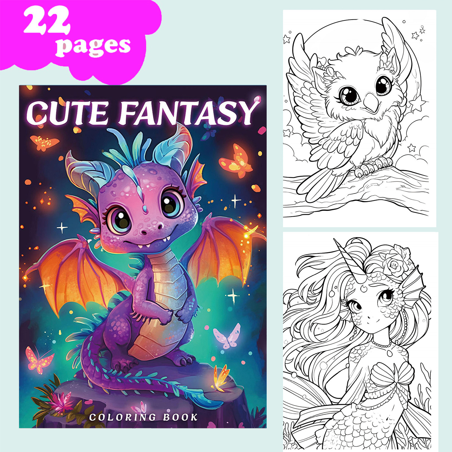 22 Page Fantasy Dragon Coloring Book with Numbered Sections No Bleed Through
