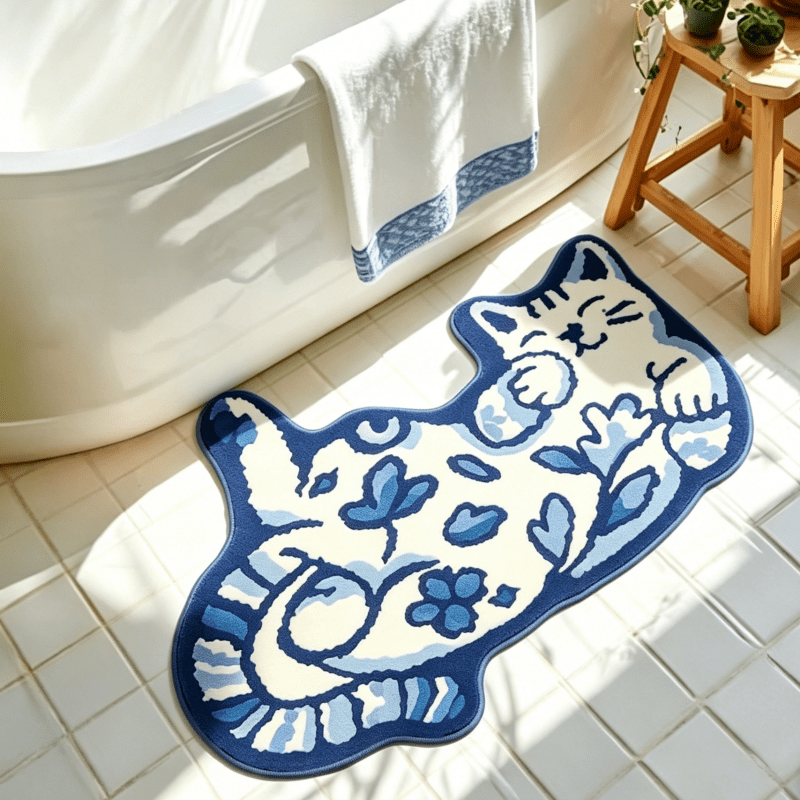 TEMU Faux Cashmere 900g And Style Blue-white Hand-painted Cat Bathroom Bathtub Front Plush Irregular Carpet Japanese Cartoon Style Blue Floral Cat
